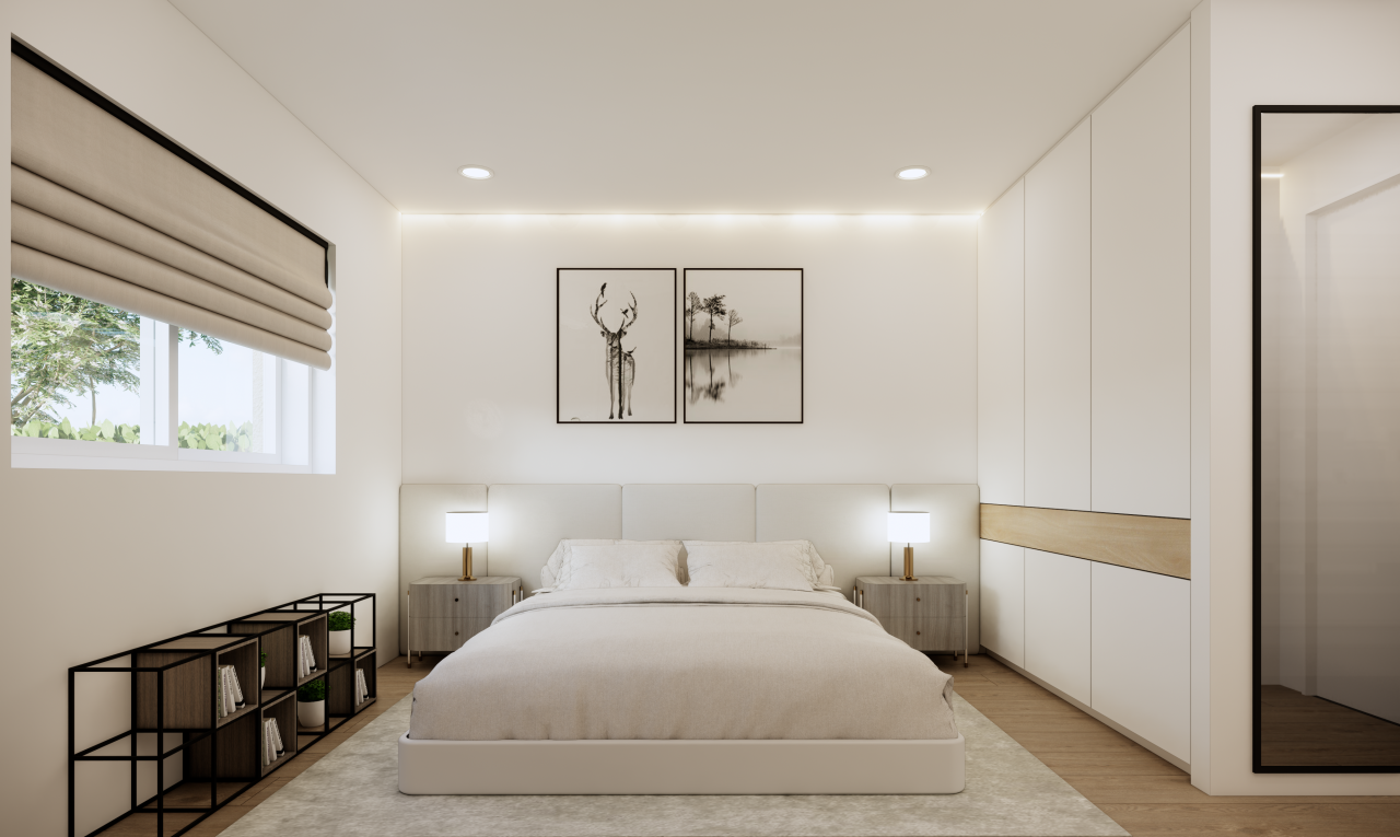 chambre avec éclairage encastré, wood finish floor, sol en finition bois, drywall, et cloison sèche