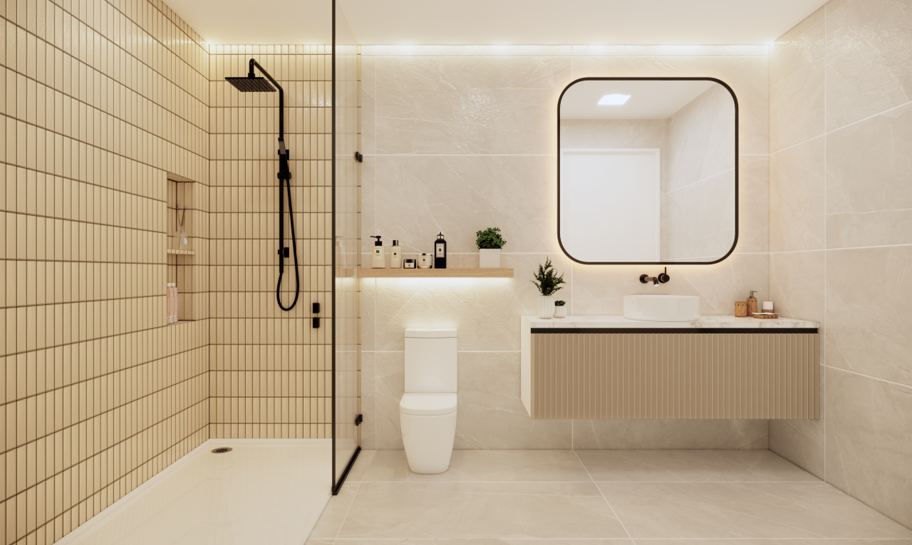 salle de bains avec salle de bain complète, douche, lavabo (ou coiffeuse selon le contexte), miroir, et mur en carrelage