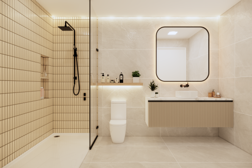 salle de bains avec salle de bain complète, douche, lavabo (ou coiffeuse selon le contexte), miroir, et mur en carrelage
