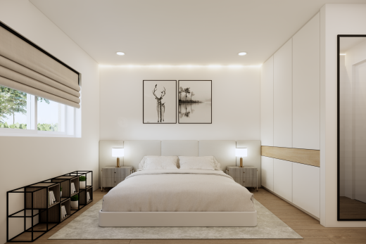 chambre avec éclairage encastré, wood finish floor, sol en finition bois, drywall, et cloison sèche