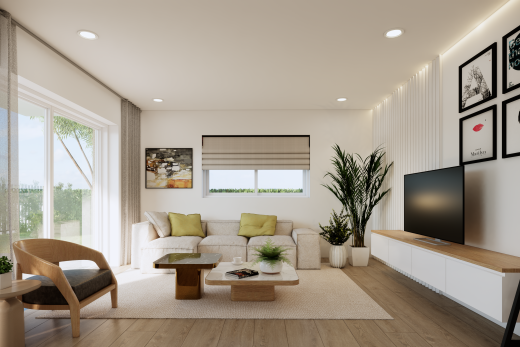salon avec télévision, éclairage encastré, drywall, cloison sèche, et wood finish floor