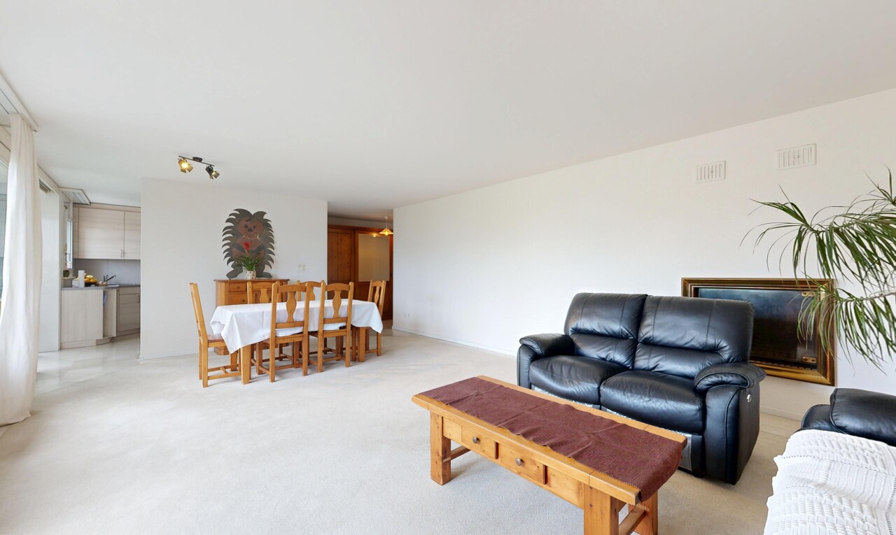 living / dining room featuring light colored carpet