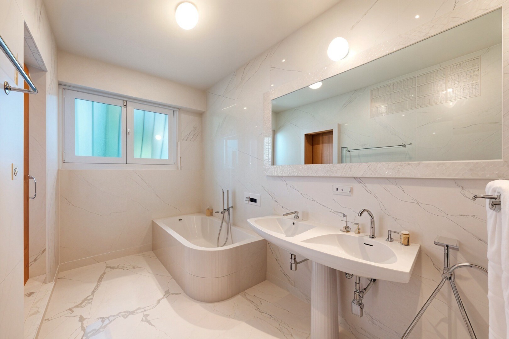 salle de bains avec lumière naturelle, cloison sèche, bain, miroir, et salle de bain complète