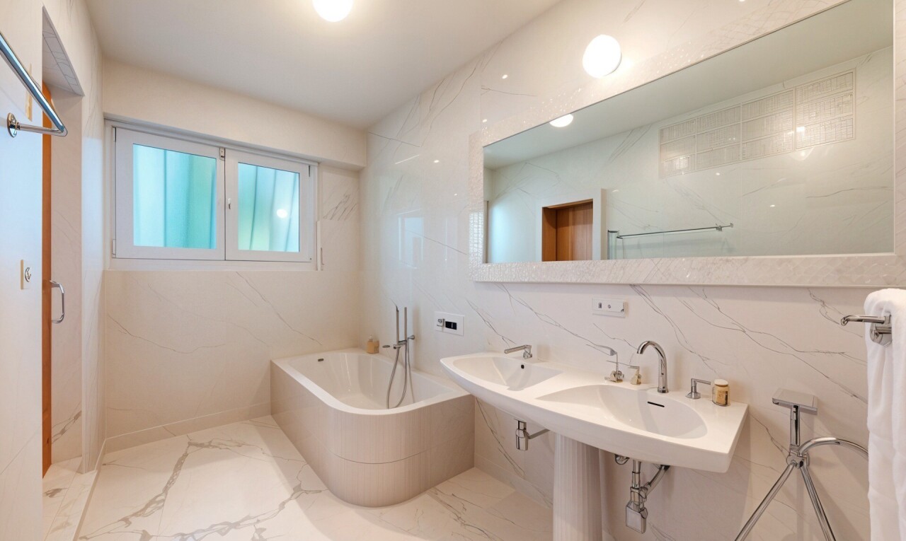 salle de bains avec lumière naturelle, cloison sèche, bain, miroir, et salle de bain complète