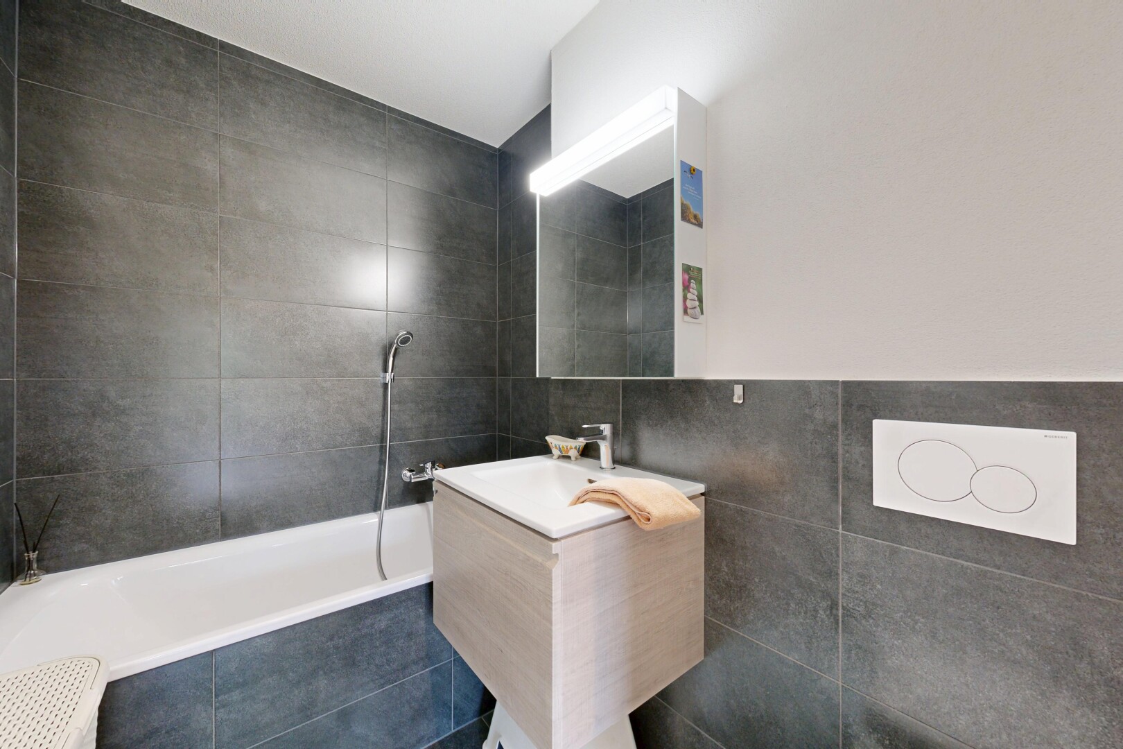 bad mit tile wall, fliesenwand, hundewaschstation, komplettes badezimmer, und spiegel