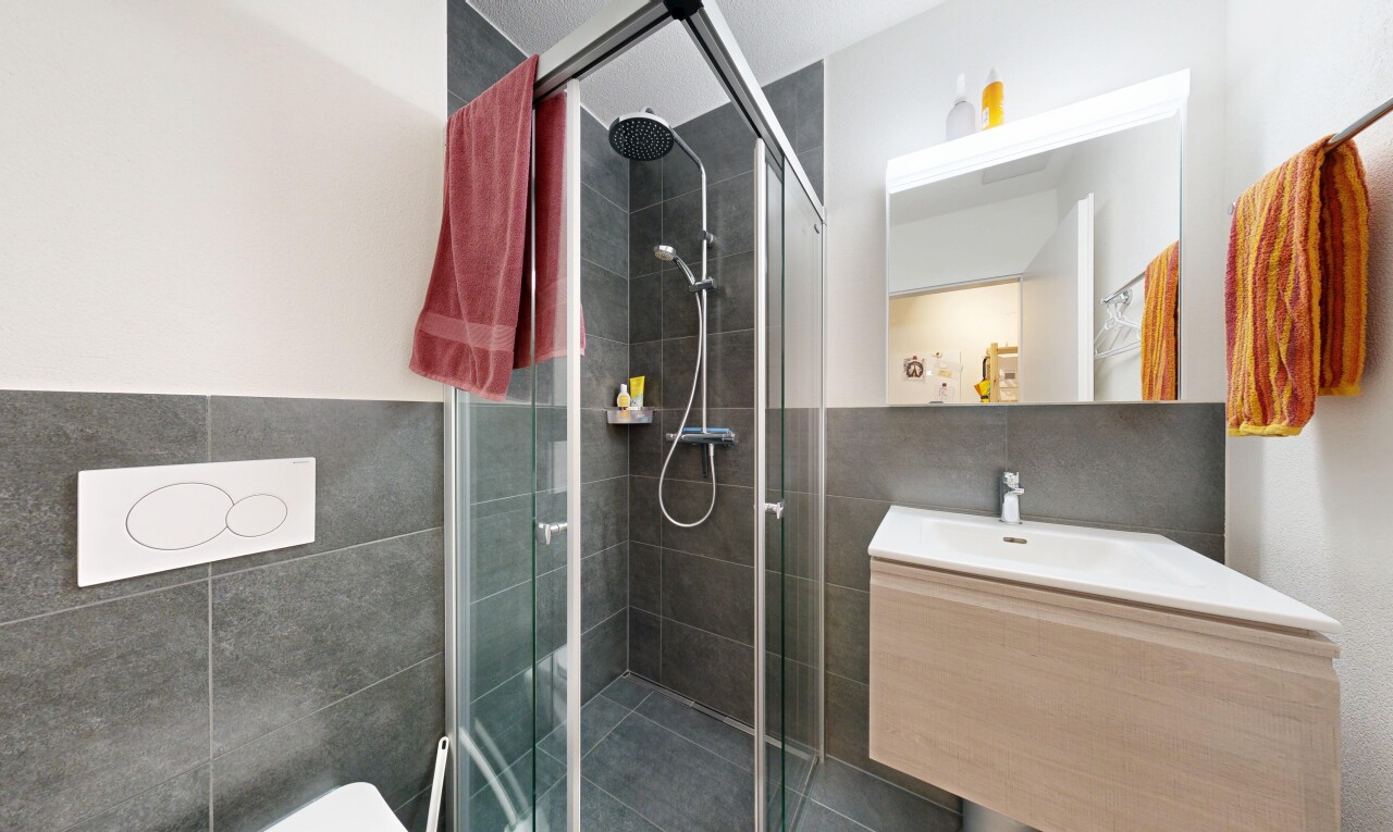 bad mit schminktisch, komplettes badezimmer, dusche, spiegel, und inside property