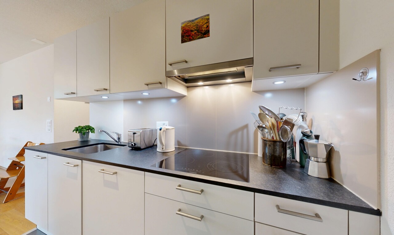 küche mit dunstabzugshaube, inside property, arbeitsplatten, dark countertops, und waschbecken