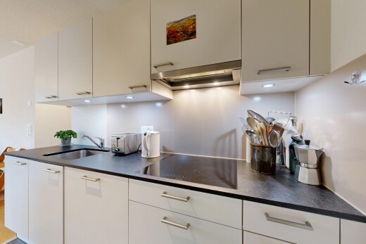 küche mit dunstabzugshaube, inside property, arbeitsplatten, dark countertops, und waschbecken
