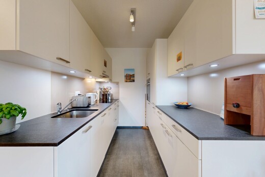 küche mit dark floor, white cabinets, weiße schränke, kitchen peninsula, und küchentheke