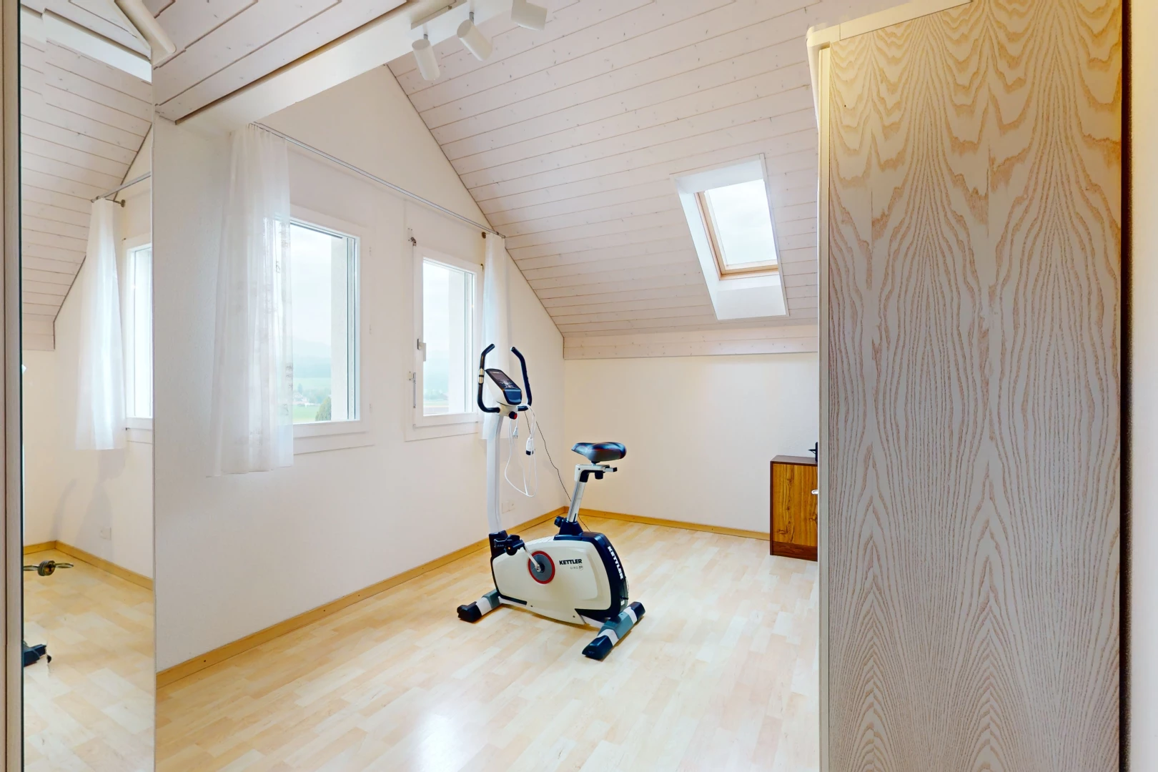 gym avec plancher de bois, lucarne, lumière naturelle, et plafond voûté