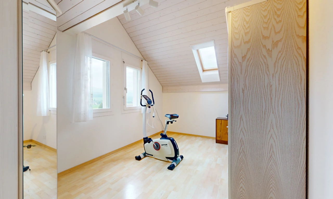 gym avec plancher de bois, lucarne, lumière naturelle, et plafond voûté