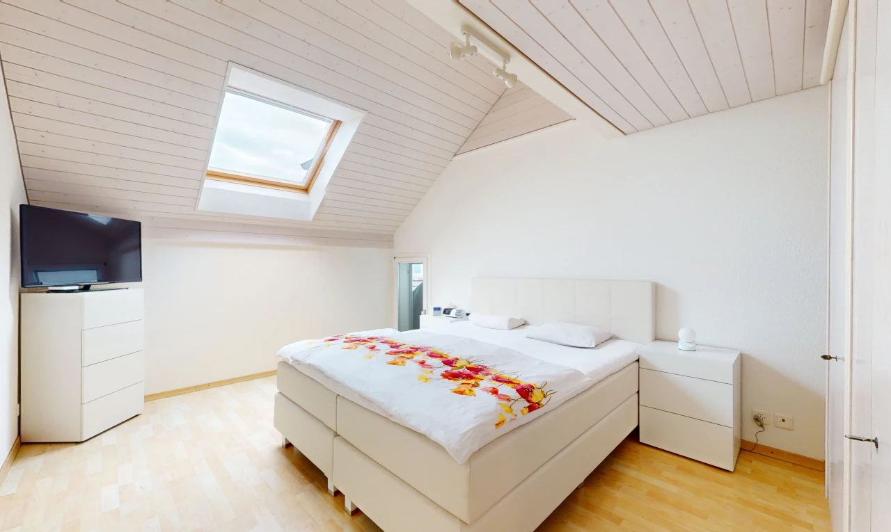 chambre avec télévision, plancher de bois, lucarne, plafond voûté, et éclairage sur rail