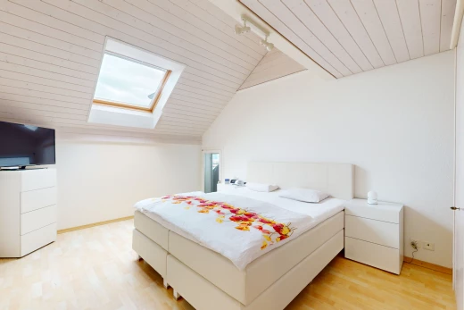 chambre avec télévision, plancher de bois, lucarne, plafond voûté, et éclairage sur rail