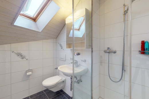 badezimmer mit toilette, fliesenwänden, fliesenböden, haftdecke mit oberlicht und einer fliesendusche