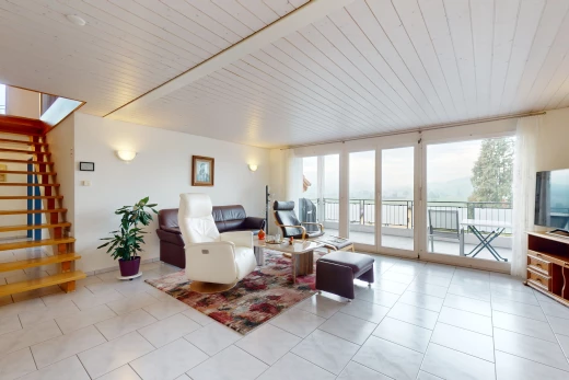 salon avec carrelage, télévision, et lumière naturelle