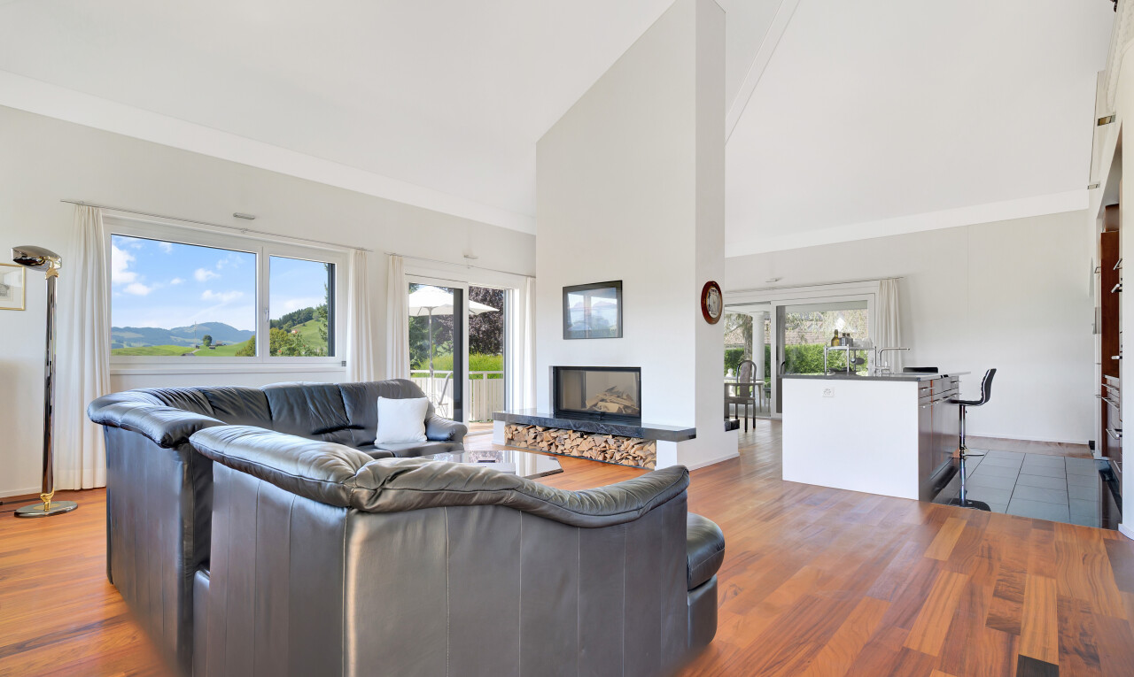 wohnzimmer mit hohe decke, high ceiling, gipskartonwand, drywall, und holzfußboden