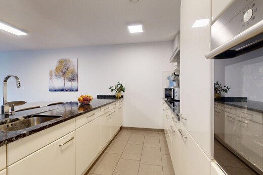 cuisine avec four, plans de travail en pierre, drywall, cloison sèche, et évier