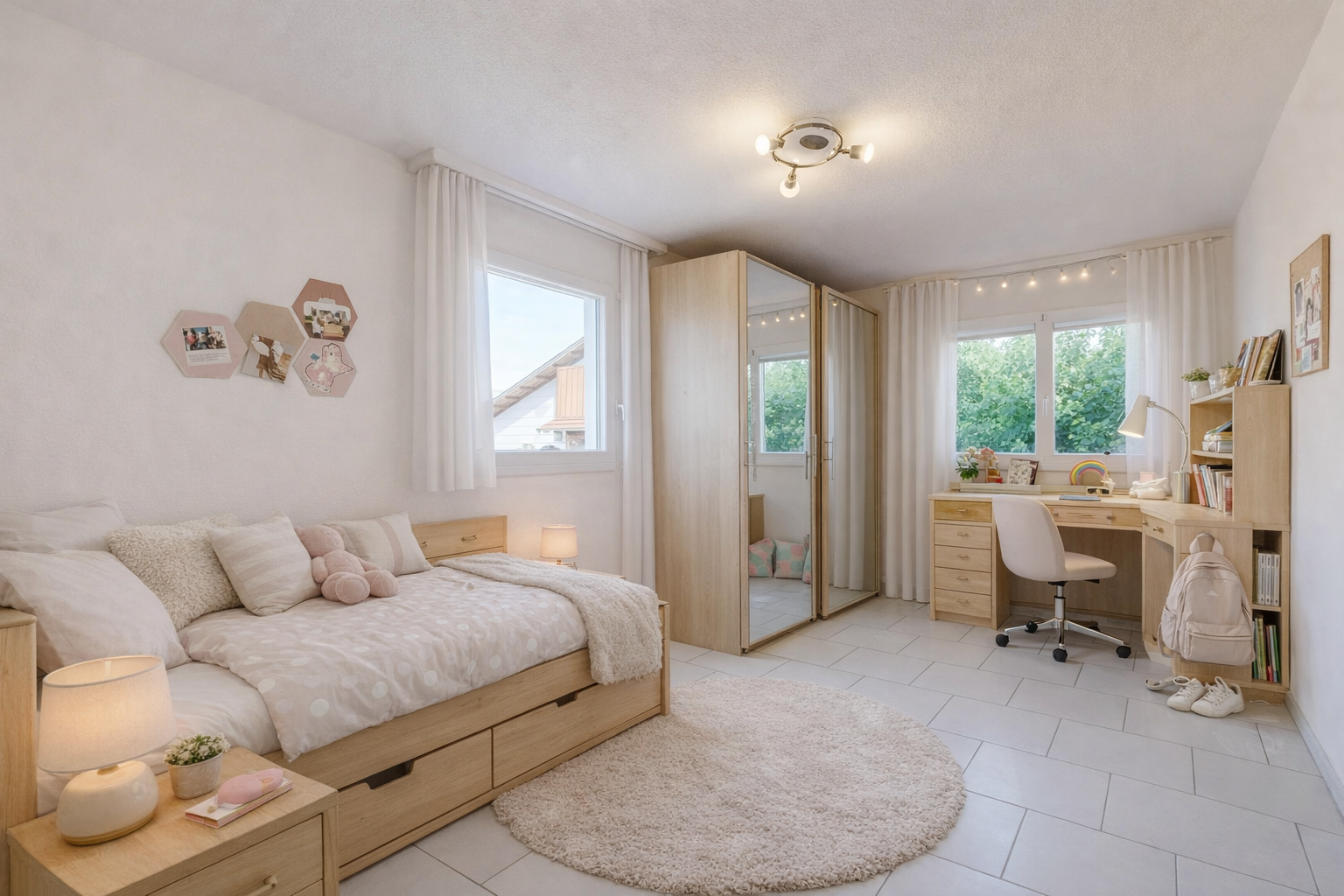 zimmer / schlafzimmer mit bürobereich, drywall, gipskartonwand, natural light, und natürliches licht