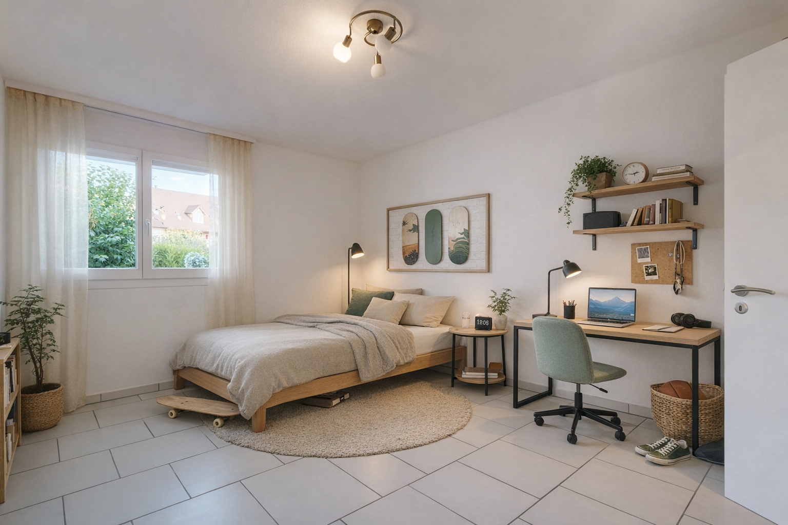 zimmer / schlafzimmer mit bürobereich, drywall, gipskartonwand, natural light, und natürliches licht