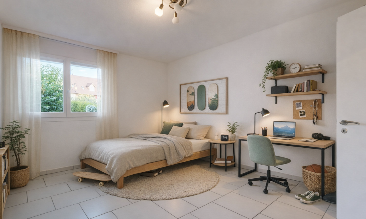 zimmer / schlafzimmer mit bürobereich, drywall, gipskartonwand, natural light, und natürliches licht