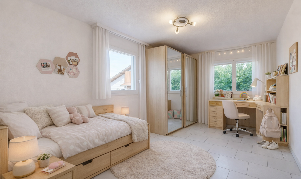 zimmer / schlafzimmer mit bürobereich, drywall, gipskartonwand, natural light, und natürliches licht