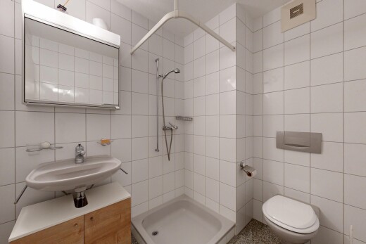 bad mit fliesenwand, tile wall, spiegel, dusche, und toilette