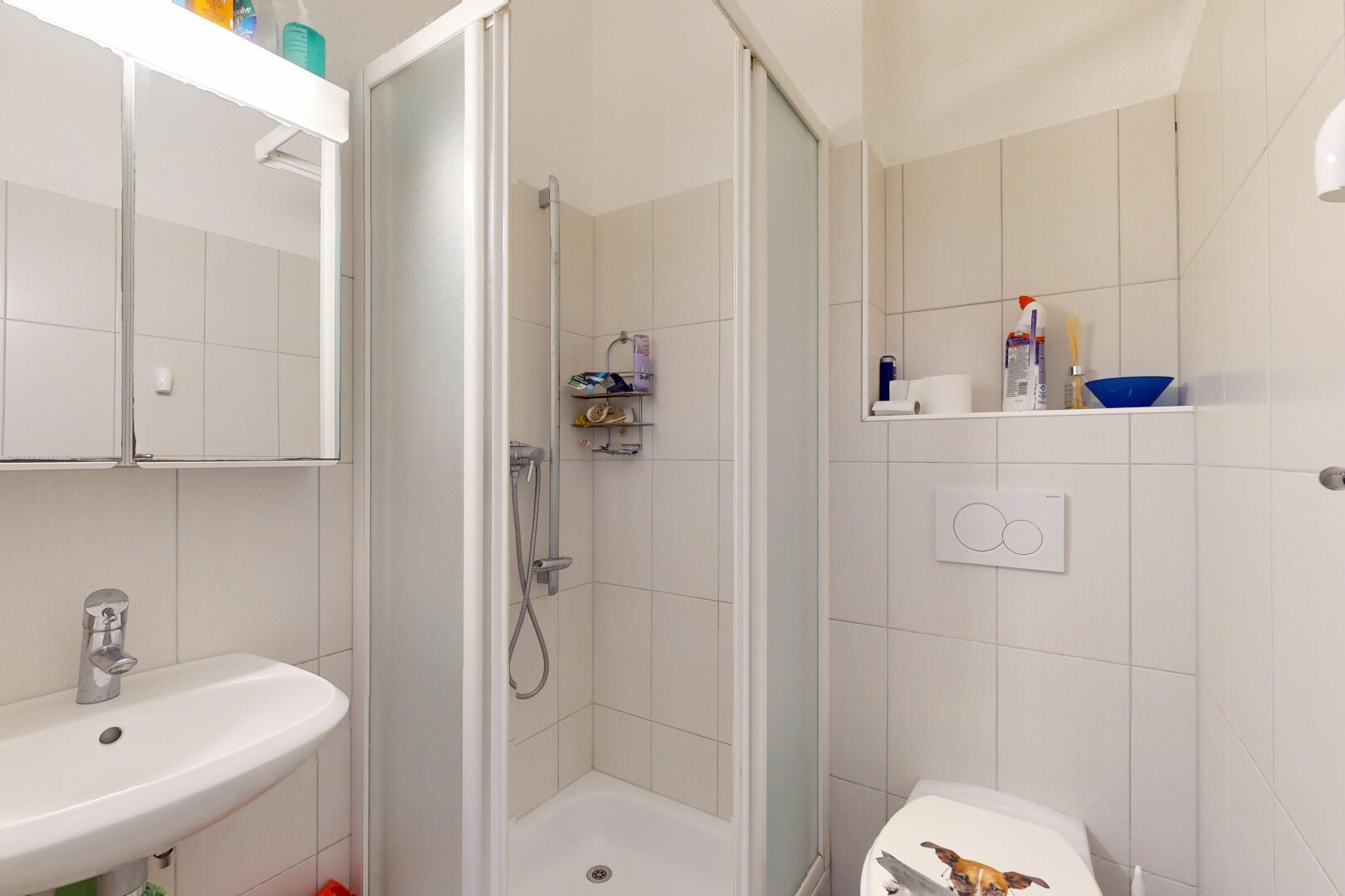 salle de bains avec inside property, salle de bain complète, douche, miroir, et évier