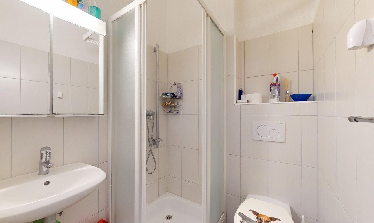 salle de bains avec inside property, salle de bain complète, douche, miroir, et évier