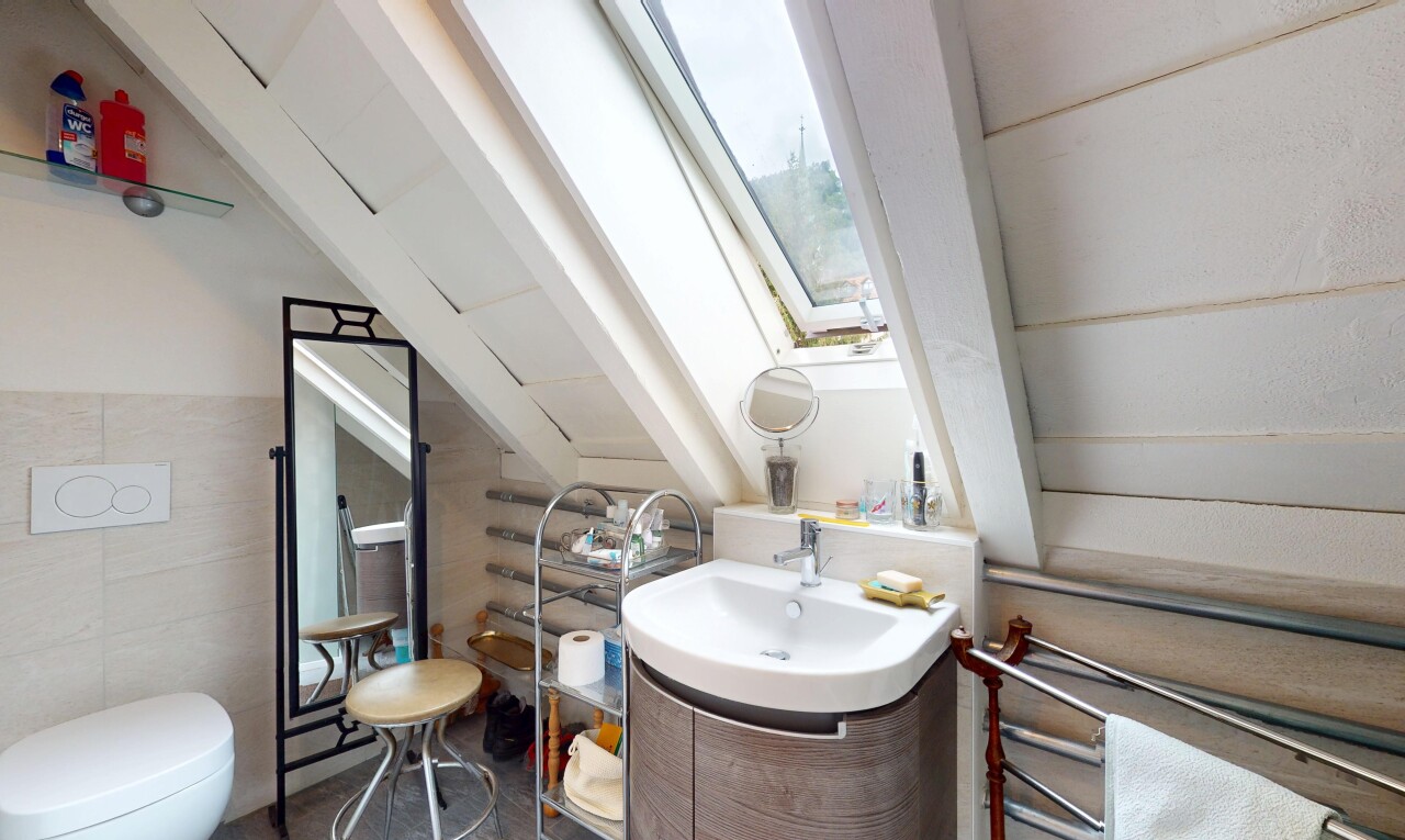 salle de bains avec puits de lumière, inside property, miroir, toilette, et natural light