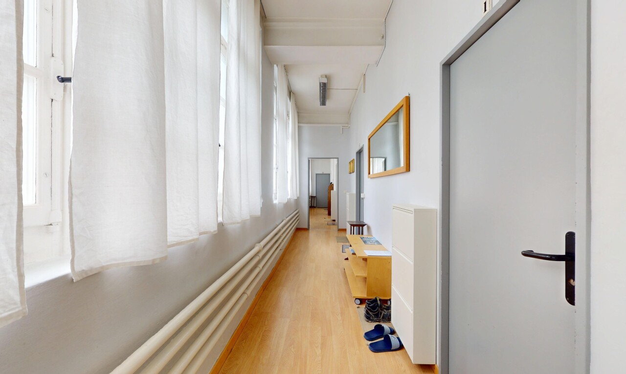 couloir avec sol en finition bois, wood finish floor, inside property, lumière naturelle, et natural light