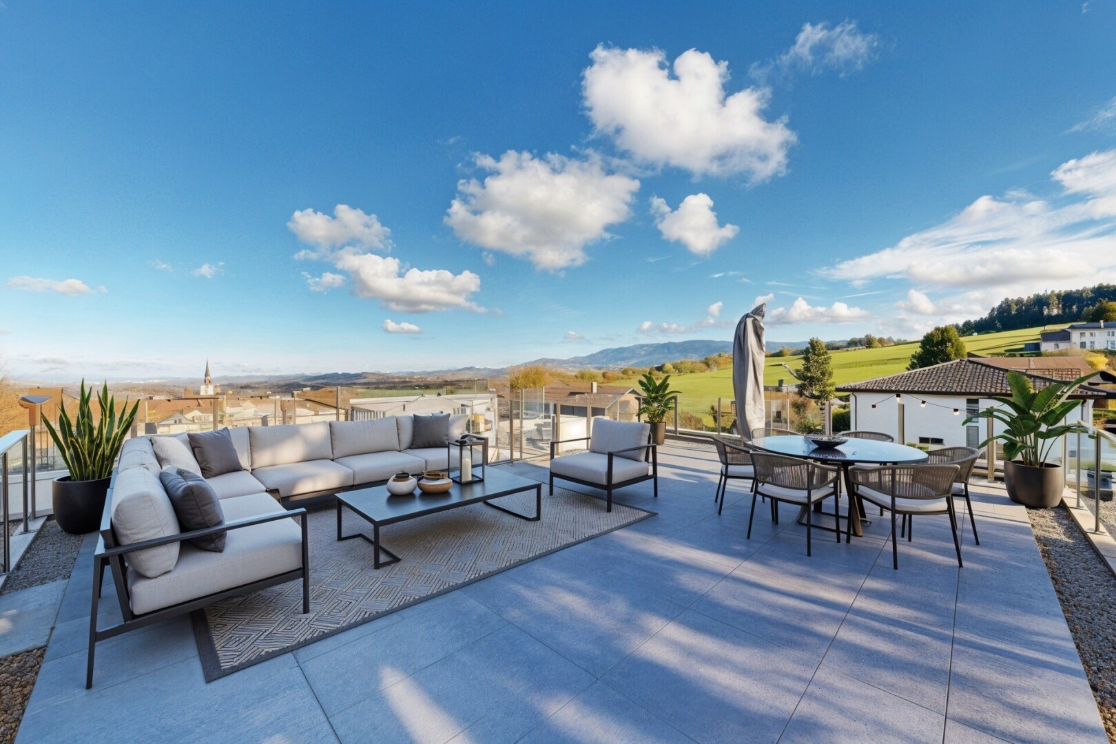 terrasse avec terrasse, virtually staged, day time, coin repas extérieur, et mountain view
