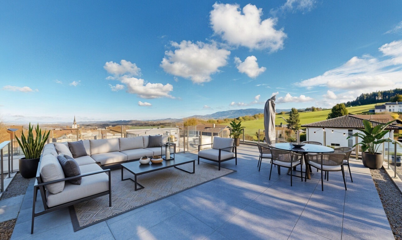 terrasse avec terrasse, virtually staged, day time, coin repas extérieur, et mountain view