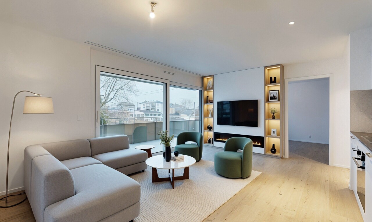 salon avec lumière naturelle, natural light, inside property, télévision, et virtually staged
