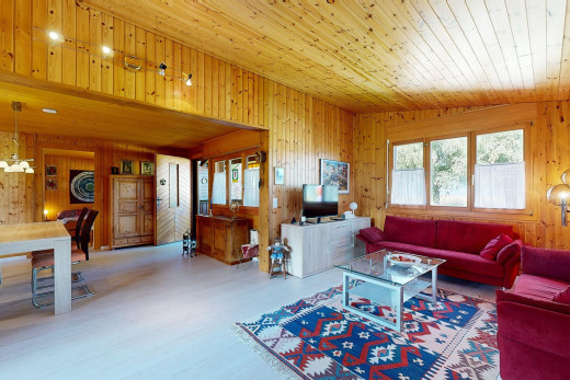 wohnzimmer mit holzwand, fernseher, und natürliches licht