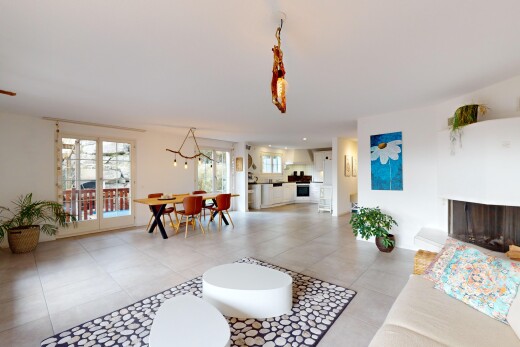 wohn- / esszimmer mit natürliches licht und kamin