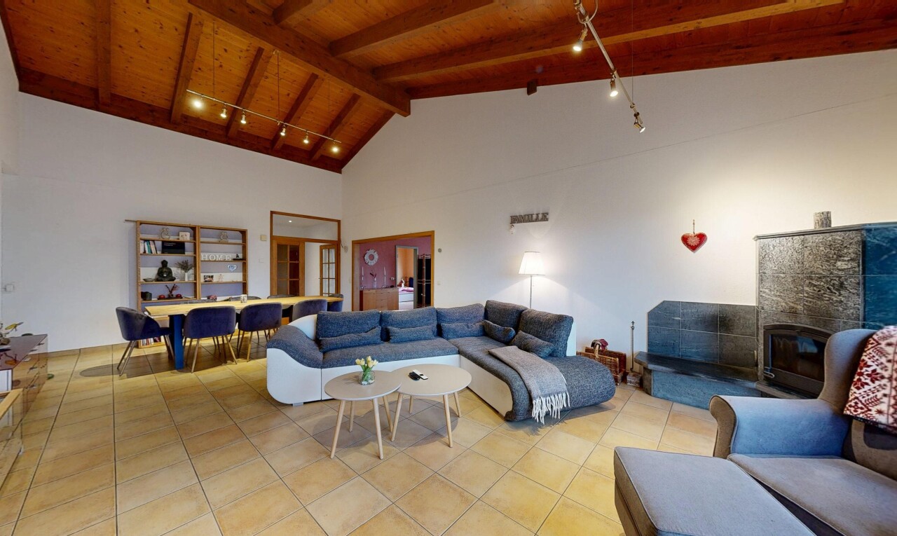 salon / salle à manger avec éclairage sur rail, track lighting, plafond en bois, wood ceiling, et plafond haut