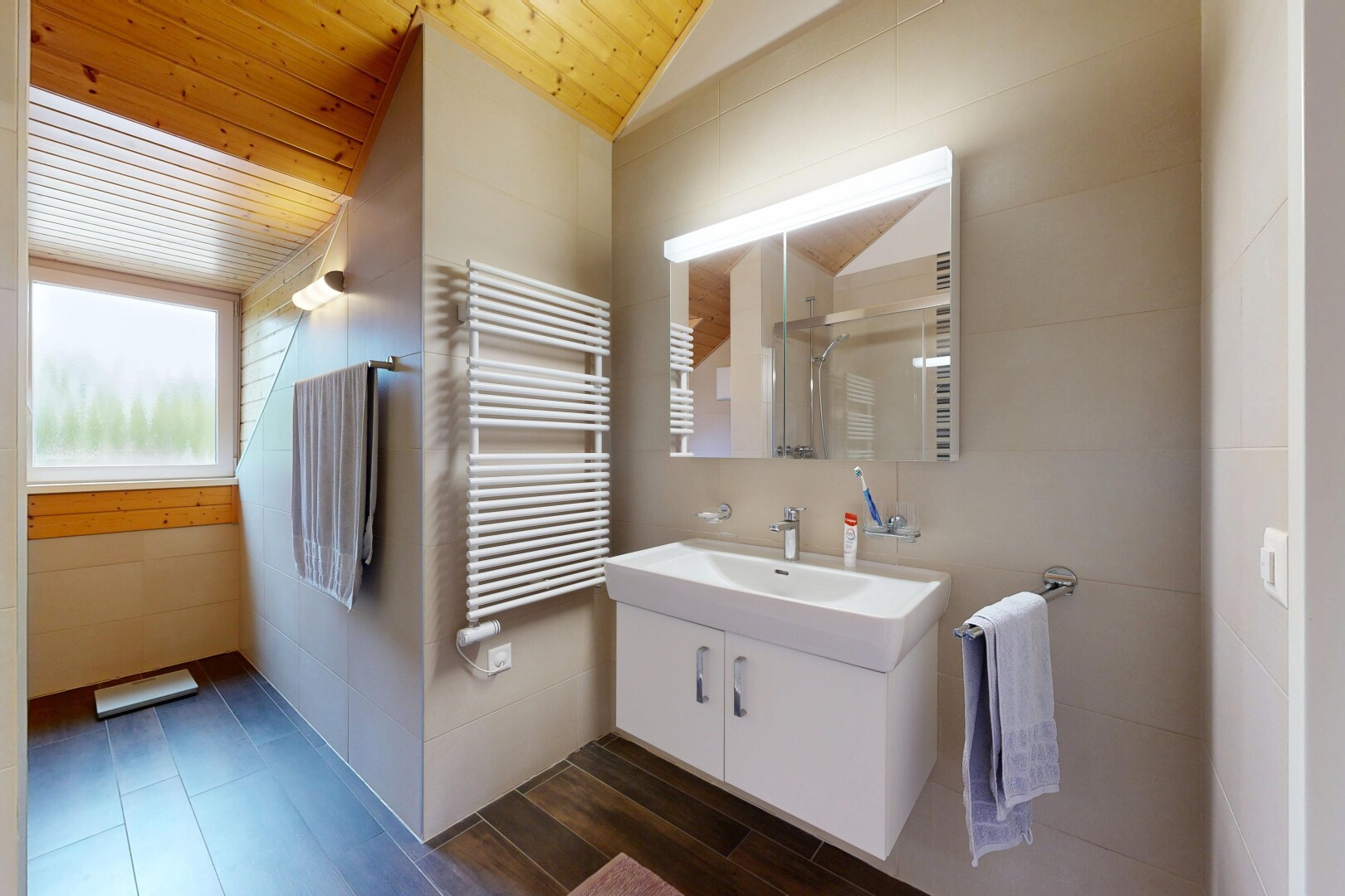 salle de bains avec radiateur, chauffe-serviettes, miroir, lavabo (ou coiffeuse selon le contexte), et inside property