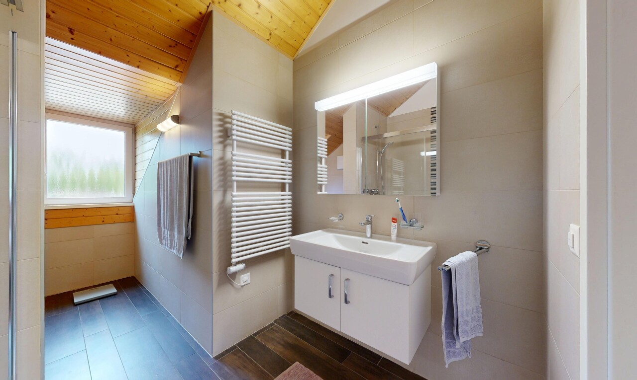 salle de bains avec radiateur, chauffe-serviettes, miroir, lavabo (ou coiffeuse selon le contexte), et inside property