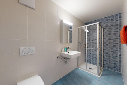 salle de bains avec mur en carrelage, tile wall, salle de bain complète, douche, et évier