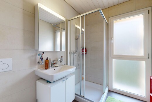 bad mit dusche, spiegel, schminktisch, waschbecken, und komplettes badezimmer