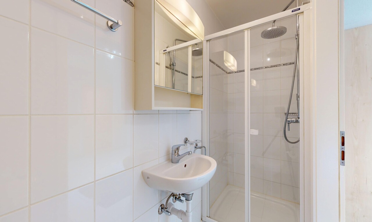 salle de bains avec douche, salle de bain complète, miroir, inside property, et évier