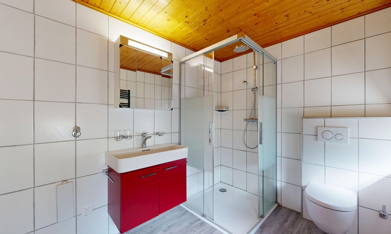 salle de bains avec mur en carrelage, tile wall, lavabo (ou coiffeuse selon le contexte), salle de bain complète, et douche