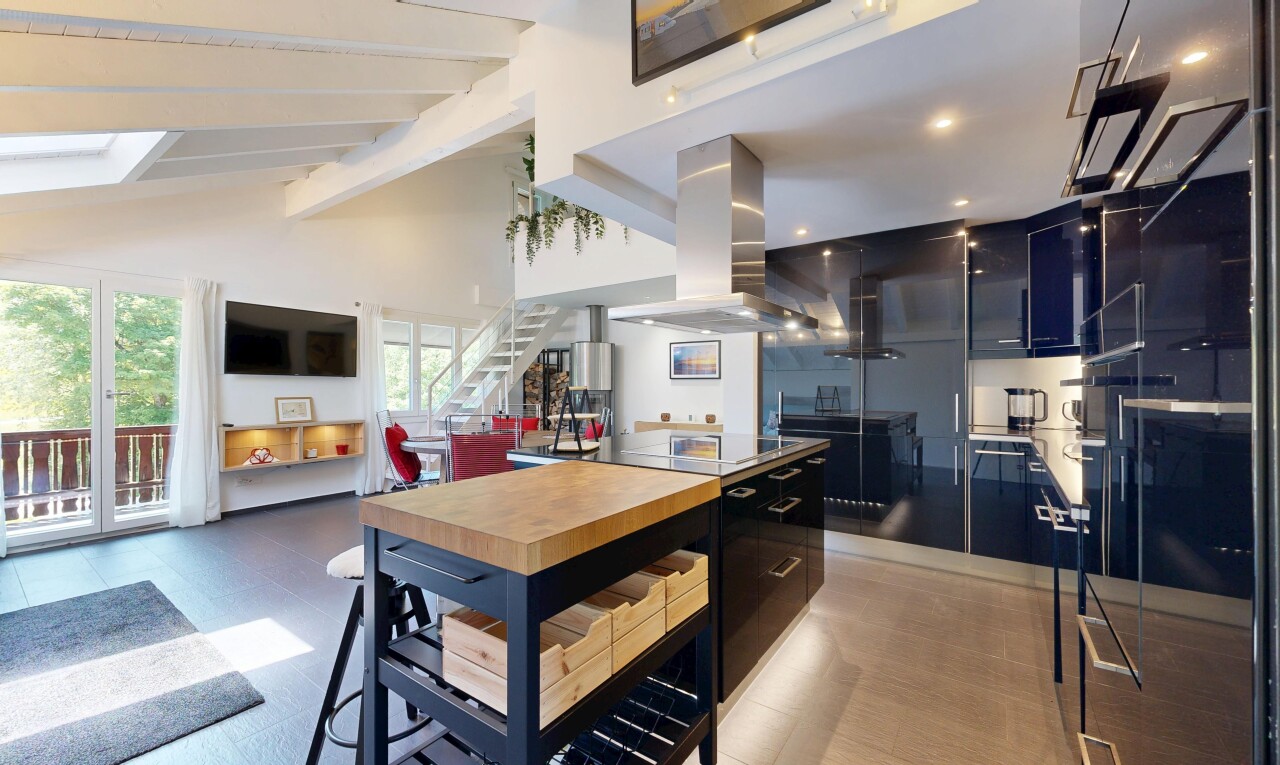 küche mit dunstabzugshaube, flat panel cabinets, schränke mit flachen paneelen, inside property, und high ceiling