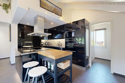 küche mit l shaped kitchen, l-förmige küche, full kitchen, dunstabzugshaube, und flat panel cabinets