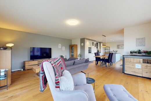 living area featuring light wood finished floors and pendant lighting