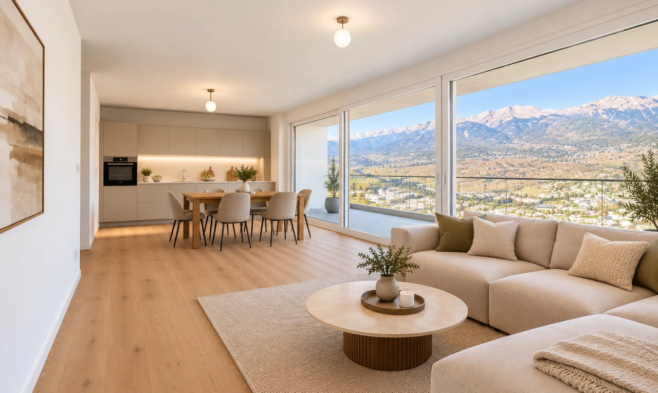salon / salle à manger avec vue sur la montagne, mountain view, view focus, day time, et wood finish floor