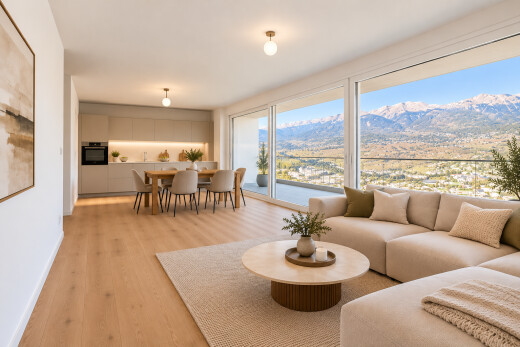 salon / salle à manger avec vue sur la montagne, mountain view, view focus, day time, et wood finish floor