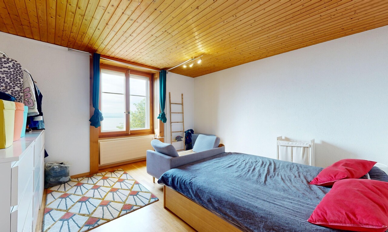 chambre avec plafond en bois, wood ceiling, éclairage sur rail, track lighting, et cloison sèche