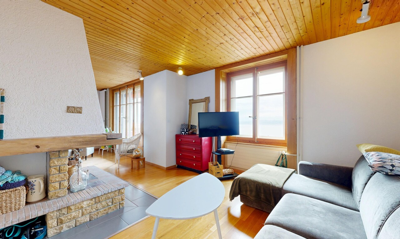 salon avec lumière naturelle, natural light, plafond en bois, wood ceiling, et inside property