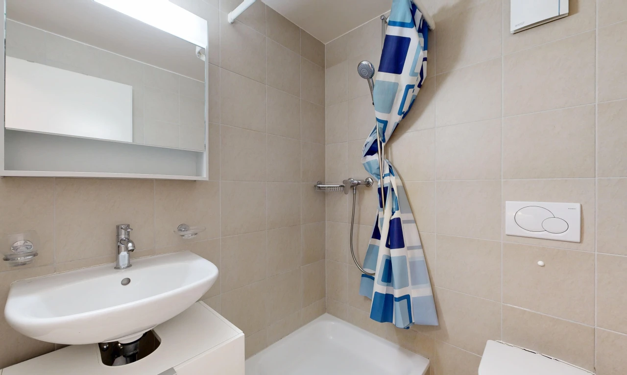 salle de bains avec évier, salle de bain complète, douche, miroir, et tile wall